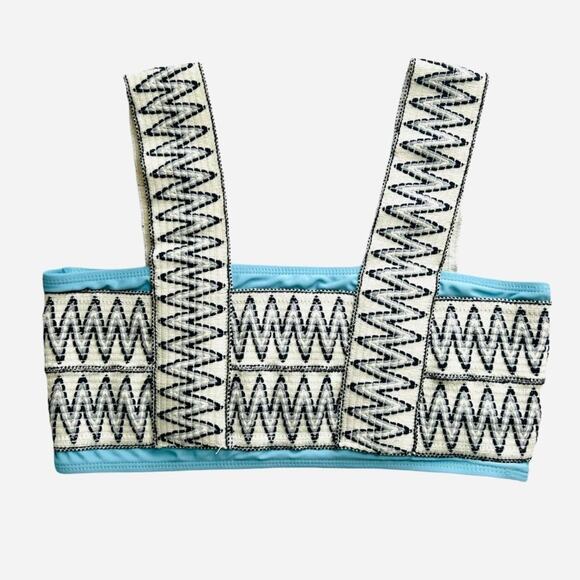 Zig Zag Embroidered Bandeau Crop Top Womens Small Turquoise White Wide Strap - Picture 5 of 10